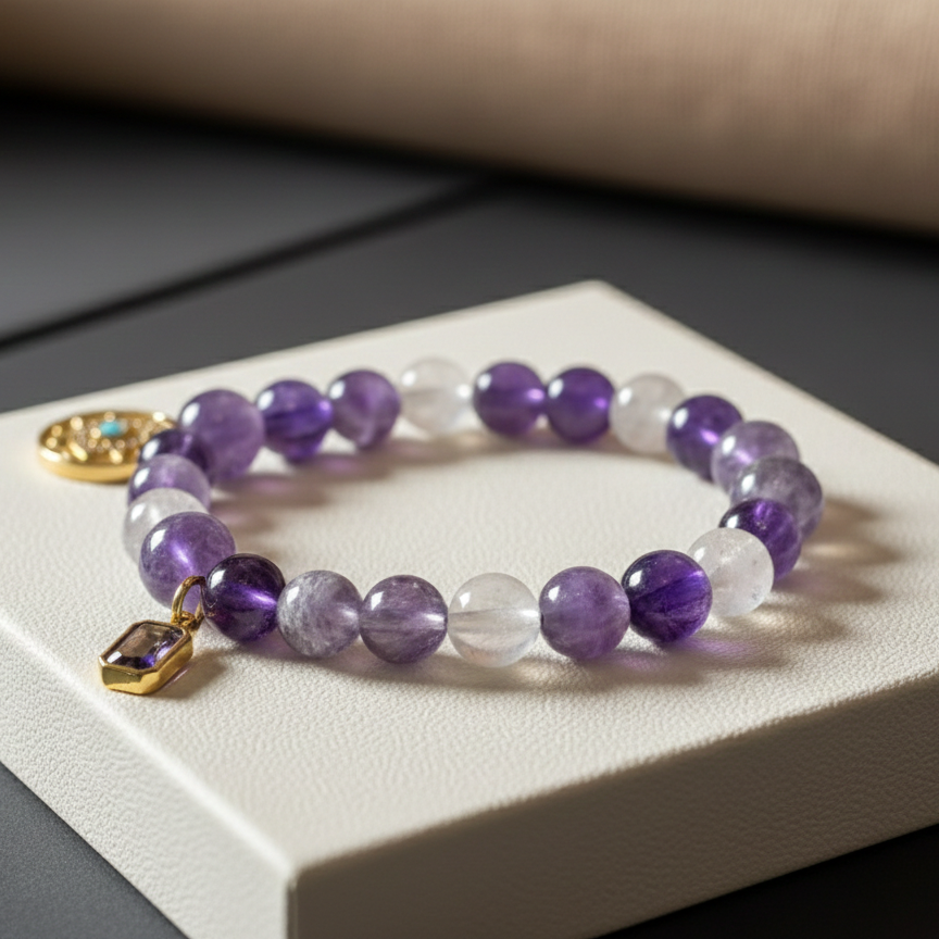 Heart Serenity Crystal Bracelet – Rose Quartz & Amethyst (Elastic Fit)