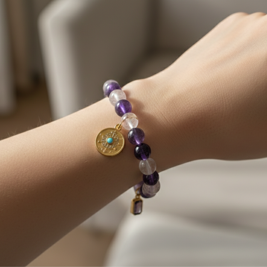 Heart Serenity Crystal Bracelet – Rose Quartz & Amethyst (Elastic Fit)