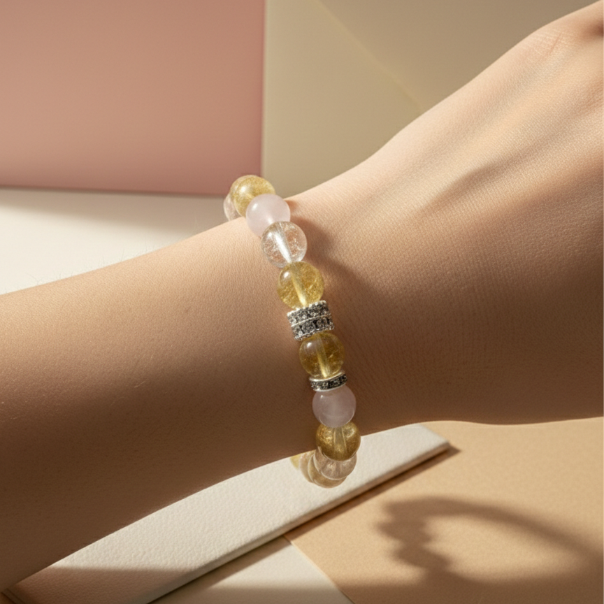 Divine Abundance Crystal Bracelet - Rose Quartz, Citrine, Golden Rutilated Quartz & Moonstone (Elastic Fit)