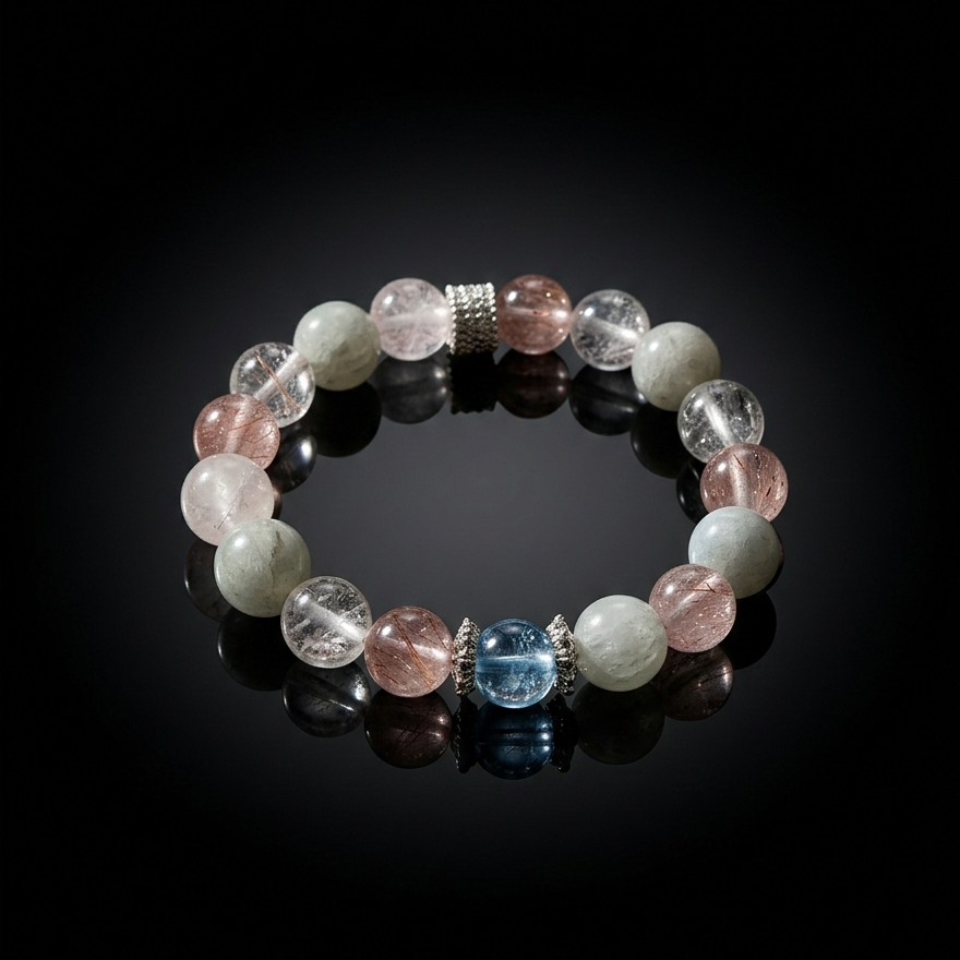 Heart Communication Crystal Bracelet - Rose Quartz, Strawberry Quartz & Aquamarine (Elastic Fit)