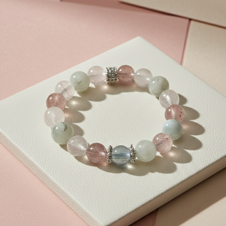 Heart Communication Crystal Bracelet - Rose Quartz, Strawberry Quartz & Aquamarine (Elastic Fit)