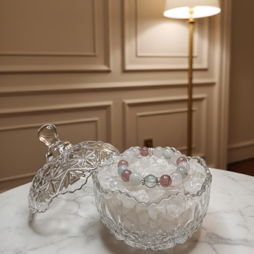 Heart Communication Crystal Bracelet - Rose Quartz, Strawberry Quartz & Aquamarine (Elastic Fit)