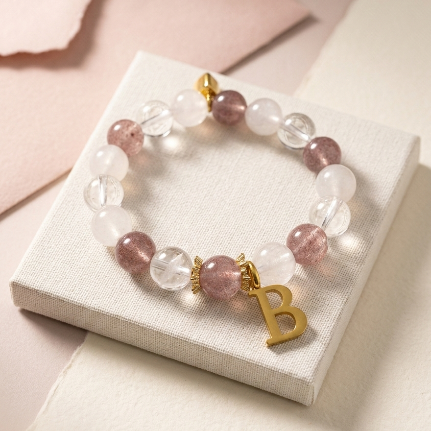 Pure Love Energy Crystal Bracelet - Clear Quartz, Rose Quartz & Strawberry Quartz (Elastic Fit)